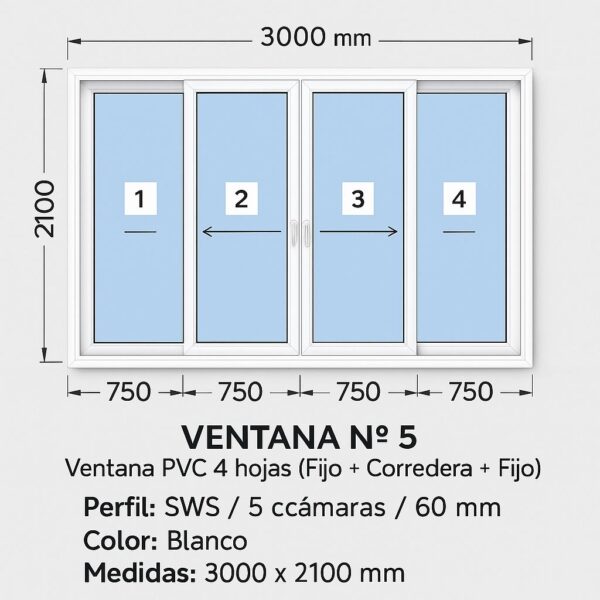 V5 Ventana PVC Blanca 300x210 cm – 4 Hojas (2 Correderas + 2 Fijos) – Perfil SWS