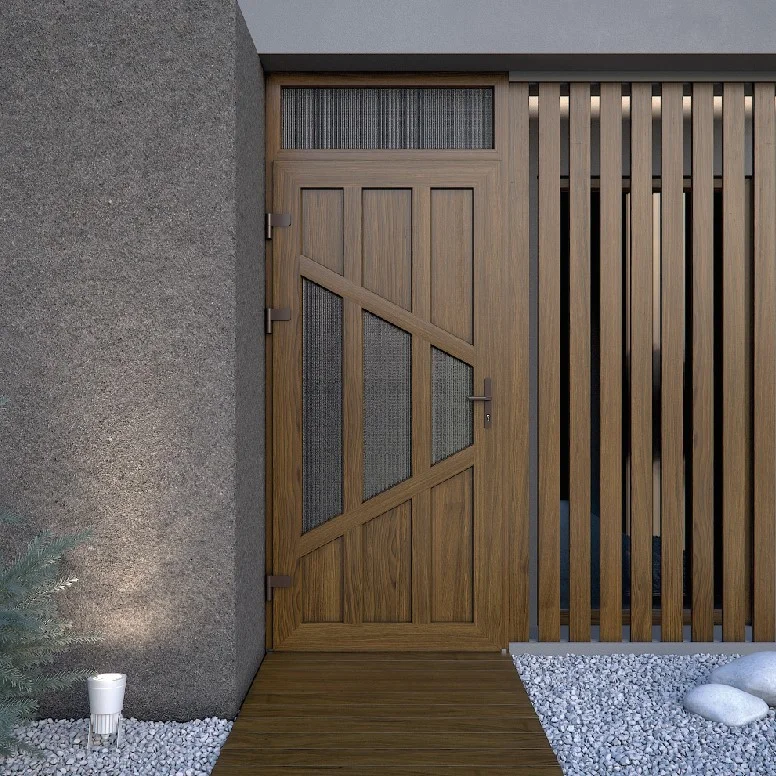 Puerta de PVC con diseño geométrico y listones tipo industrial