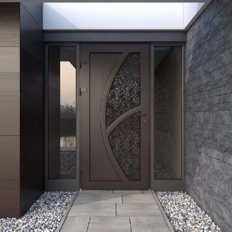 Puerta PVC diseño cruzado en tono antracita – estilo moderno con relieve central