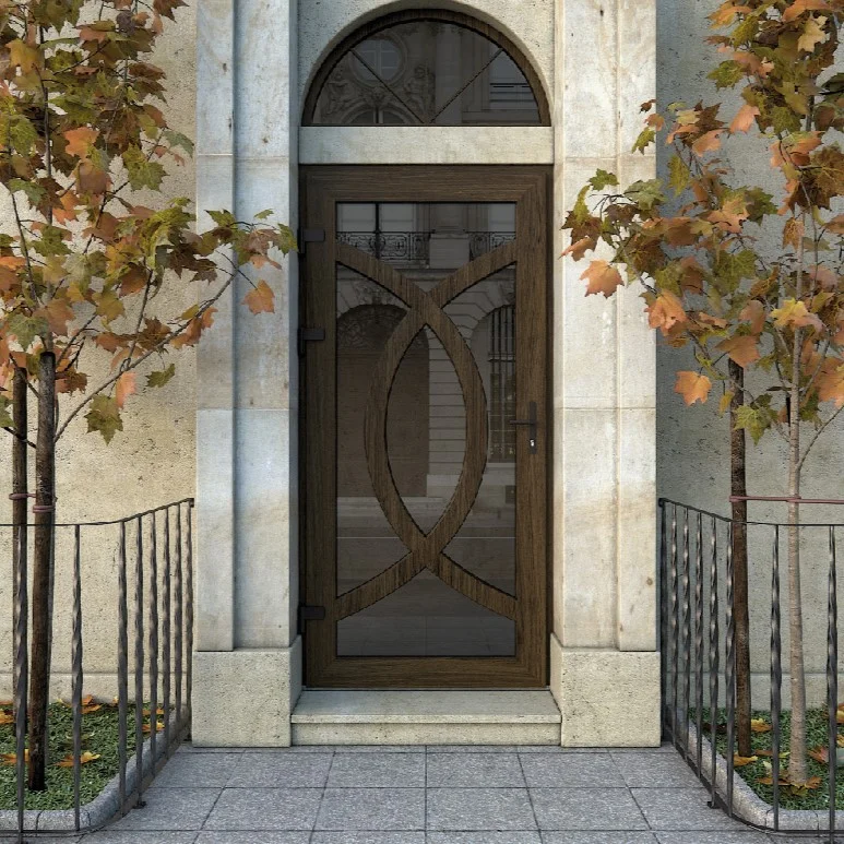 Puerta PVC imitación nogal oscuro con paneles profundos y listones definidos, estilo rústico y clásico